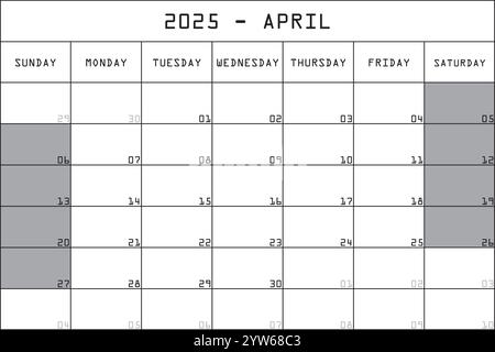 2025 Kalender Planer Organizer großer bearbeitbarer Raum Farbmonat JANUAR Stock Vektor