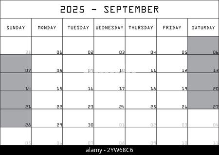 2025 Kalender Planer Organizer großer bearbeitbarer Raum Farbe Monat SEPTEMBER Stock Vektor