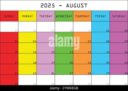 2025 Kalender Planer Organizer großer bearbeitbarer Raum Farbe Monat AUGUST Stock Vektor