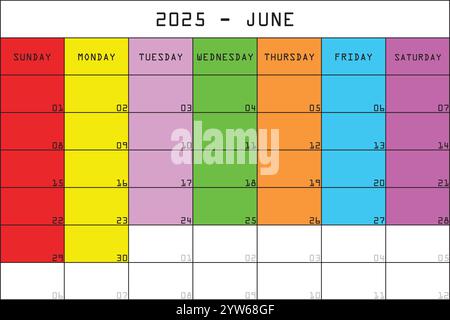 2025 Kalender Planer Organizer großer bearbeitbarer Raum Farbmonat JUNI Stock Vektor