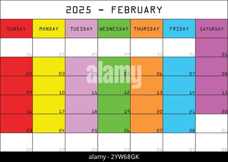 2025 Kalender Planer Organizer großer bearbeitbarer Raum Farbmonat FEBRUAR Stock Vektor