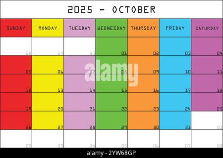 2025 Kalender Planer Organizer großer bearbeitbarer Raum Farbe Monat OKTOBER Stock Vektor