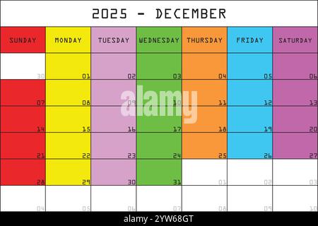 2025 Kalender Planer Organizer großer bearbeitbarer Raum Farbmonat DEZEMBER Stock Vektor