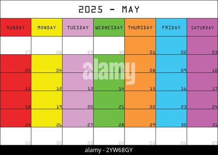 2025 Kalender Planer Organizer großer bearbeitbarer Raum Farbe Monat MAI Stock Vektor