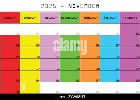 2025 Kalender Planer Organizer großer bearbeitbarer Raum Farbe Monat NOVEMBER Stock Vektor