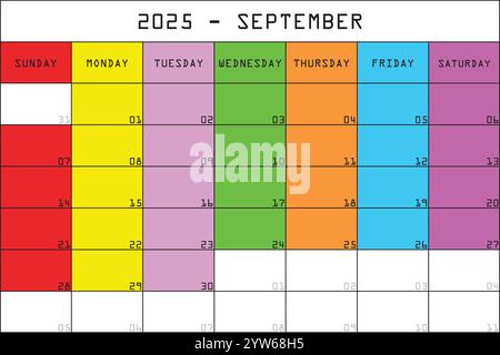 2025 Kalender Planer Organizer großer bearbeitbarer Raum Farbe Monat SEPTEMBER Stock Vektor