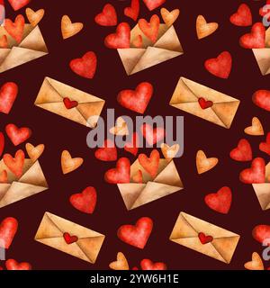 Nahtloses Valentinstag-Muster mit Briefumschlägen mit Herzsiegeln, offenen Buchstaben mit roten und orangen Herzen und verstreuten Herzformen Stockfoto