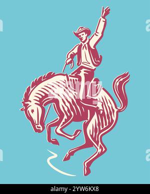 Cowboy reitet in der Rodeoarena mit dem Bockhengst. Wettbewerb, extremes Sport Emblem, Vektor-Illustration Stock Vektor