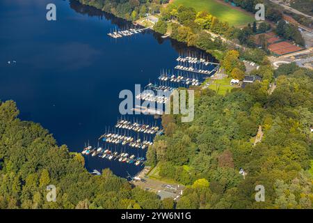 Luftaufnahme, Sechs-Seen-Platte, Bootsanleger für Segelboote, Wedau, Duisburg, Ruhrgebiet, Nordrhein-Westfalen, Deutschland Stockfoto