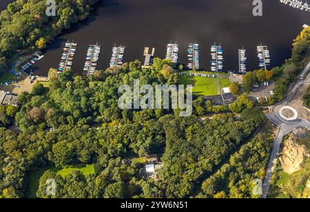 Luftaufnahme, Sechs-Seen-Platte, Bootsanleger für Segelboote, Wedau, Duisburg, Ruhrgebiet, Nordrhein-Westfalen, Deutschland Stockfoto