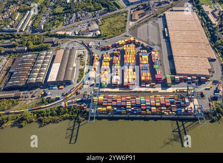 Luftaufnahme, Logport II (zwei) Containerterminal am Rhein, Wanheim-Angerhausen, Duisburg, Ruhrgebiet, Nordrhein-Westfalen, Deutschland Stockfoto