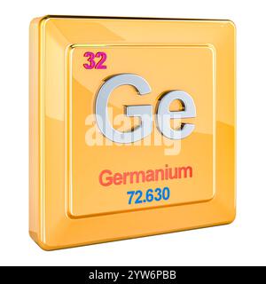 Germanium GE, chemisches Elementzeichen mit der Nummer 32 im Periodensystem. 3D-Rendering isoliert auf weißem Hintergrund Stockfoto