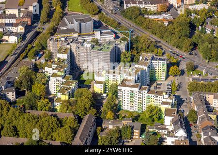 Luftsicht, Theater am Marientor, Hochhaus-Wohngegend Heerstraße mit Baustelle und Renovierung, überdachte Hausfassaden, Dellviertel, du Stockfoto