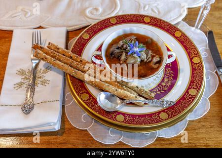 Enteneintopf und Brotstangen auf feinem Porzellan stellen Platz auf einem Weihnachtstisch. Stockfoto