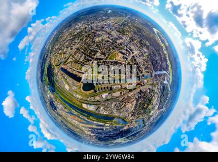 Luftaufnahme, Stadtzentrum mit Innenhafen und Yachthafen Duisburg Yachthafen, Baustelle Mercator Quartier Duisburg, Erdkugel, Fischaugenbild, 3 Stockfoto