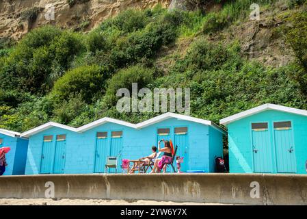 Strandhütten am Sandown Beach, Isle of Wight Stockfoto