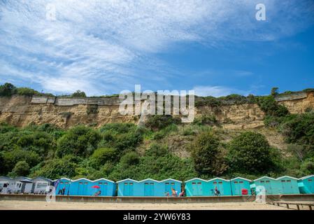 Strandhütten am Sandown Beach, Isle of Wight Stockfoto