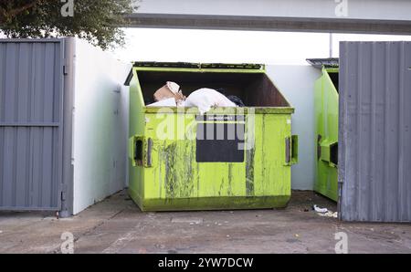 Grüne Mülltonne offen in umzäuntem Gehäuse Abfallentsorgung aus der Abfallwirtschaft. Stockfoto