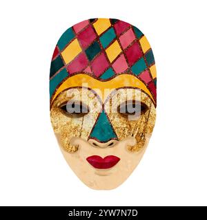 Diese lebendige künstlerische Maske bietet farbenfrohe geometrische Designs und elegante Merkmale, die Kreativität und Kunstfertigkeit zum Ausdruck bringen. Isolierte Objekte auf weißem Hintergrund für verschiedene Designs und Druckvorgänge. Digitale Kunst im Aquarellstil. Stockfoto