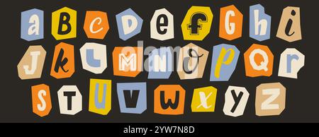 Schneide die Papierkollektion aus. Farbe für andere Buchstaben-Collage stummschalten. Niedliches Craft-Doodle-Schriftart-Element-Paket für Dekoration, Poster, Banner, Druck. Verspieltes abc-Paket mit Lösegeld-Erpressung. Vektor Stock Vektor