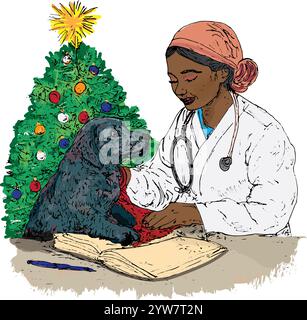 A black woman veterinarian with white lab coat pets a small Scottish Terrier dog in front of a lit Christmas tree, illustration. Stock Vektor