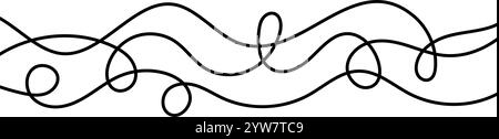 Dünne, schnörkelige Linien. Gewelltes Streifenmuster. Kurvige Garne oder Garnlinien für Ornament, Dekor, separate Trennlinie. Verwickelte, geradlinige Kritzelformen. Vektor Stock Vektor