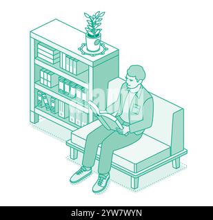 Junger Mann, der auf weichem Stuhl sitzt und Buch liest. Regale und Regale mit Büchern. Vektorabbildung. Umrissstil. Der Mann liebt es, sich zu entspannen. Stock Vektor