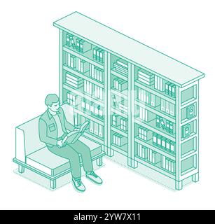 Junger Mann, der auf weichem Stuhl sitzt und Buch liest. Regale und Regale mit Büchern. Vektorabbildung. Umrissstil. Der Mann liebt es, sich zu entspannen. Stock Vektor