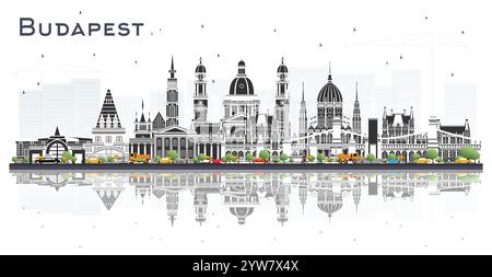 Budapest Ungarn City Skyline mit grauen Gebäuden und Reflexionen isoliert auf weiß. Vektorabbildung. Stock Vektor