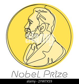 Nobelpreis in einer Zeile mit einer goldenen Silhouette. Ehrenhafte Leistung auf dem Gebiet der wissenschaftlichen Errungenschaften. Vektor-Editorbild-Portrait Stock Vektor