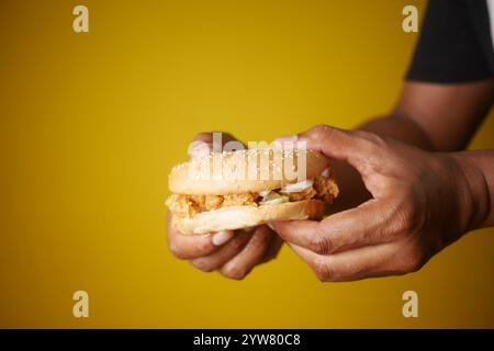 Köstliches Handheld Braten Chicken Sandwich auf gelbem Hintergrund Stockfoto