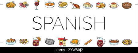 spanische Küche Essen Paella Tapas Ikonen setzen Vektor Stock Vektor