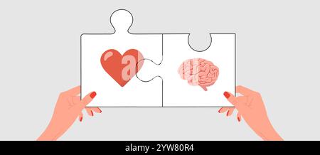 Gehirn-Herz-Balance. Emotionale Intelligenz. Weibliche Hände verbinden Rätsel mit menschlichem Herz und Gehirn. Verbindung zwischen Geist und Stock Vektor