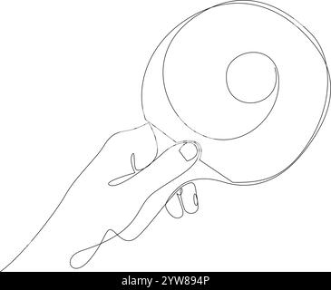 Tischtennisschläger mit Ball in der Hand, fortlaufende Linienzeichnung. Tischtennis One Line Art. Abbildung eines einzeiligen Vektors. Bearbeitbare Kontur Stock Vektor
