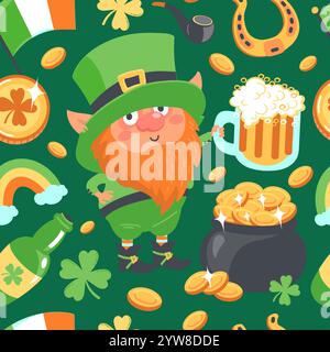 Nahtloses Saint Patrick Day-Muster. Lustiger Leprechaun. Der Cartoon Lucky Dwarf hält einen Becher Bier. Irischer Urlaub. Wiederholter Druck. Celebr. 17. März Stock Vektor