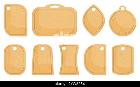 Schneidebretter. Holzküche zum Schneiden von Flugzeugen. Verschiedene Formen. Kochutensilien. Besteck für geschnittene Produkte und Pizza. Hartholzwerkstoff Stock Vektor