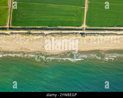 Blick aus der Vogelperspektive auf den Strand von Marquesa und das Restaurant Vascos, wo man den Rückzugsort der Küste des Ebro-Deltas an einem Sommermorgen sehen kann (Katalonien, Spanien) Stockfoto