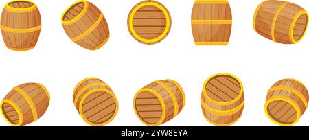 Holzfass. Verschiedene Drehungen und Winkel Holzfässer. Isolierte Weinbier-Cognac-Ale-Lagerung im Keller. Neoterische Weingüter- und Brauereiindustrie Stock Vektor