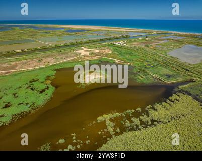 Luftaufnahme der Lagune von Violí im Ebro-Delta an einem Sommernachmittag (Montsià, Tarragona, Katalonien, Spanien) ESP Vista aérea de la laguna de Violí Stockfoto