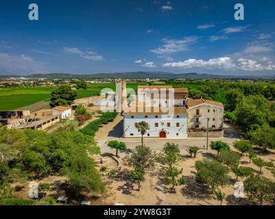 Aus der Vogelperspektive auf die Burg, den Turm und die Eremitage des Mare de Déu de l'Aldea und die umliegenden Felder des Ebro-Deltas an einem Sommermorgen (Spanien) Stockfoto