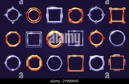Avatare-Frames-Set. Goldener Silberrahmen, runde quadratische Metallspielelemente. Benutzeroberflächenelemente für App oder Spiel, dekoratives Vektorkit für den heutigen Tag Stock Vektor
