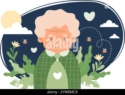 Senior Woman psychische Gesundheit Natur Poster. Süße, glückliche Oma, alte Dame mit Blättern. Konzept positive Auswirkungen von Umwelt, Wellness, Pflege, Lebensfähigkeit Stock Vektor