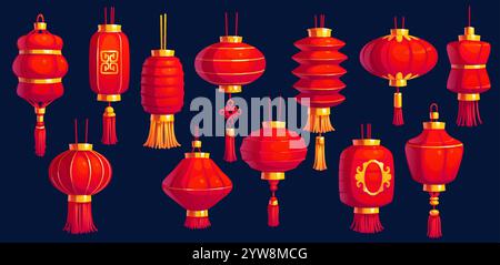 Zeichentrickfilm chinesisches Festival rote Laternen, asiatische chinatown Lampen, Vektor-Neujahrs hängende Dekoration von China, Japan und Korea. chinesische Laternen aus rotem Papier mit Quasten, orientalischen Goldornamenten und Knoten Stock Vektor