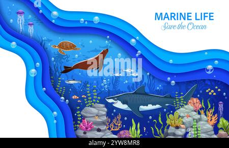 Papier geschnitten Ozeanwellen und Meerestiere mit Fischen, Karikaturvektor Hintergrund. Retten Sie das Poster mit Haien, Robben und Schildkröten oder Fischen von Korallenriffen in Papierschnitt unter Wasser Stock Vektor