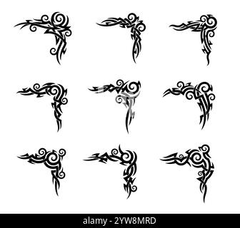 Keltisches oder Maori-Stammes-Tattoo mit polynesischem oder hawaiianischem Muster Ornament, Vektorkunstdesign. Abstraktes Tribal Tattoo Set aus komplizierten scharfen Dornlinien im Maori- oder keltischen Stammesdesign oder im modernen Stil Stock Vektor