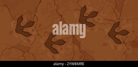 Fossilienfußabdrücke des prähistorischen Dinosauriers Vektor-Hintergrund. Fußabdrücke von Dino-Tieren oder ausgestorbene Reptilienpfoten aus braunem Stein. Tyrannosaurus-Dinosaurier-Fossilienspuren, archäologische Themen Stock Vektor