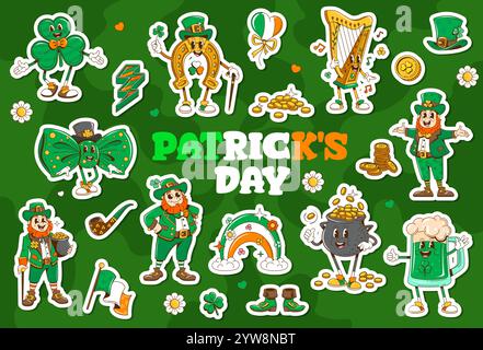 Retro-groovige irische saint Patrick Day-Aufkleber. Cartoon Patches mit irischen Weihnachtsfiguren und -Gegenständen. Leprechauns, Klee, Topf Gold, Regenbogen und Fliege. Tankard mit festlicher Einrichtung für Bier oder Harfe Stock Vektor