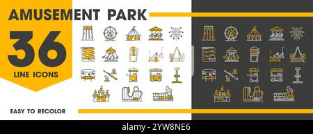 Vergnügungspark-Symbole, Fahrgeschäfte und Achterbahnkarussells, Vektorfamilienattraktionen. Vergnügungspark Ikonen wie Zirkus, Riesenrad, Kindertrampolin und Eisdiele mit Schießgalerie Stock Vektor