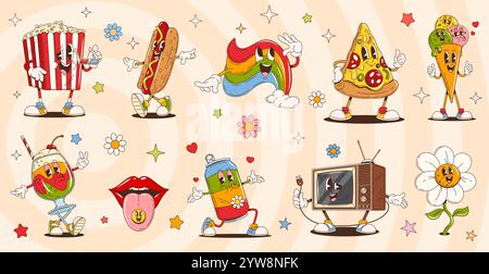 Cartoon-groovige Charaktere mit lustigem Fast Food und Drink. Retro-psychedelische Persönlichkeiten aus Hippie-Regenbogen, Gänseblümchen und Lächellippen mit Zunge. Vintage groovige Pizza, Hot Dog, Eis und Soda Dose Stock Vektor