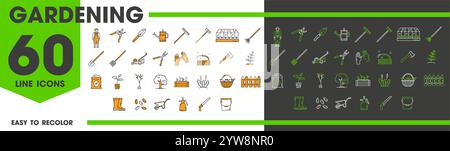 Das Vektorset für die Landwirtschafts- und Gartenlinie umfasst Werkzeuge, Pflanzen, Gartengeräte und Symbole wie Schaufel, Rechen, Baum oder Samen. Topf, Zaun, Stiefel, Sprühgerät und Schubkarre, Handschuhe oder Gießkanne Stock Vektor